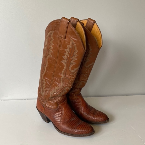VINTAGE Justin brown cognac leather western cowboy boots - Picture 1 of 10